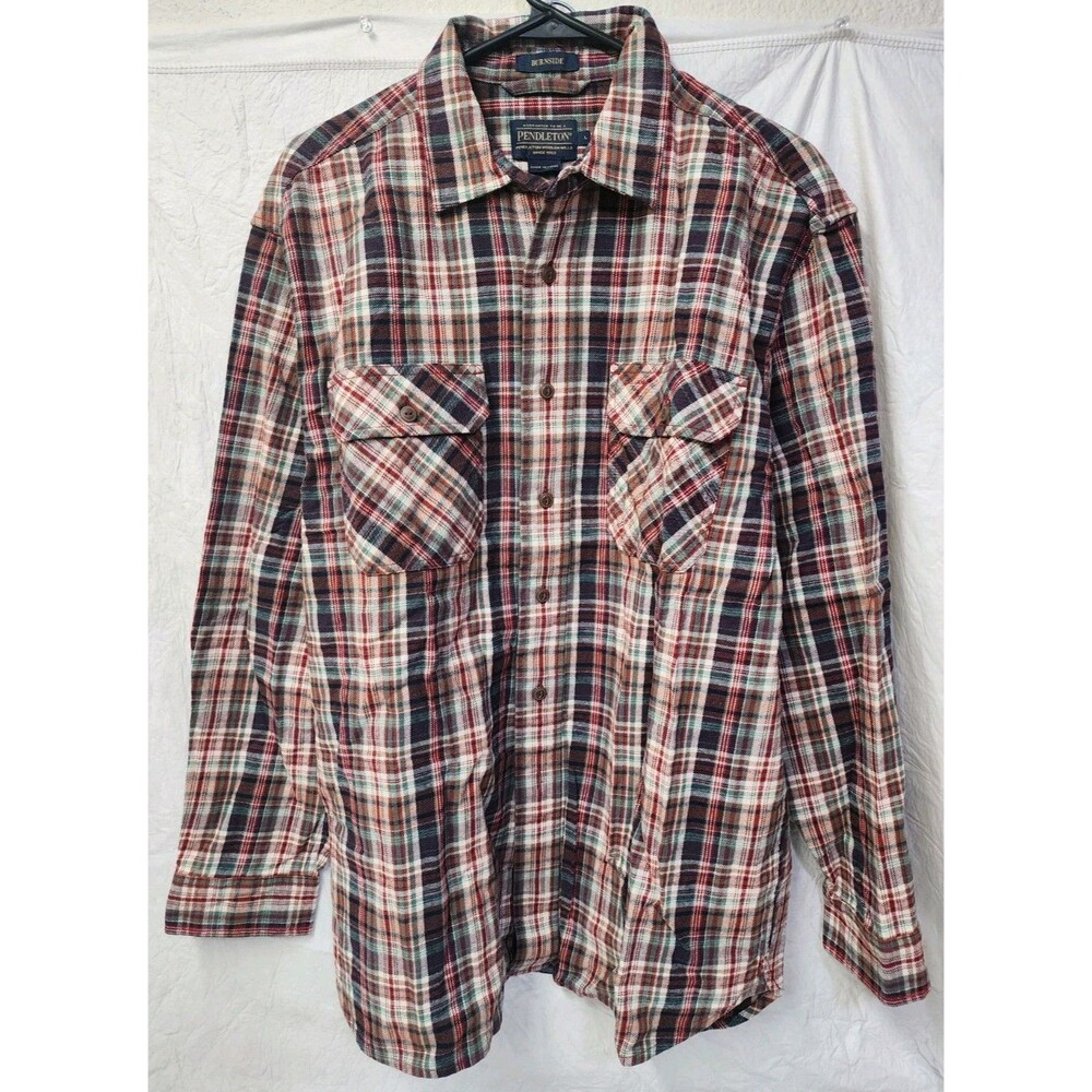 PENDLETON Lodge Red Black Virgin Wool Plaid Button Up Flannel Shirt Size Large